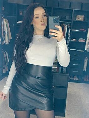 Black Faux Leather Mini Skirt with Draped Side